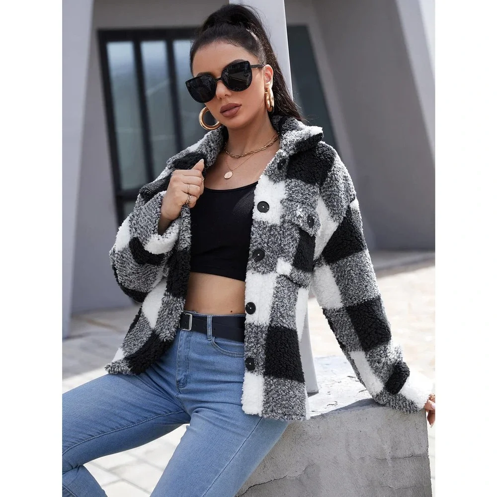 Buffalo Plaid Flap Pocket Teddy Coat teddy jacket black white faux fur - Picture 4 of 5